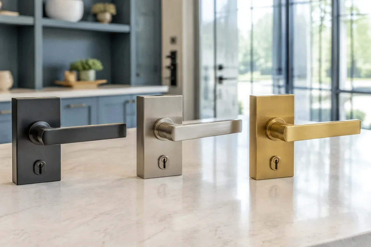 Three rectangular door-handle sets with keyholes in black, silver-colored and gold-colored finishes standing on a countertop. — Commercial Rekeying, Markham