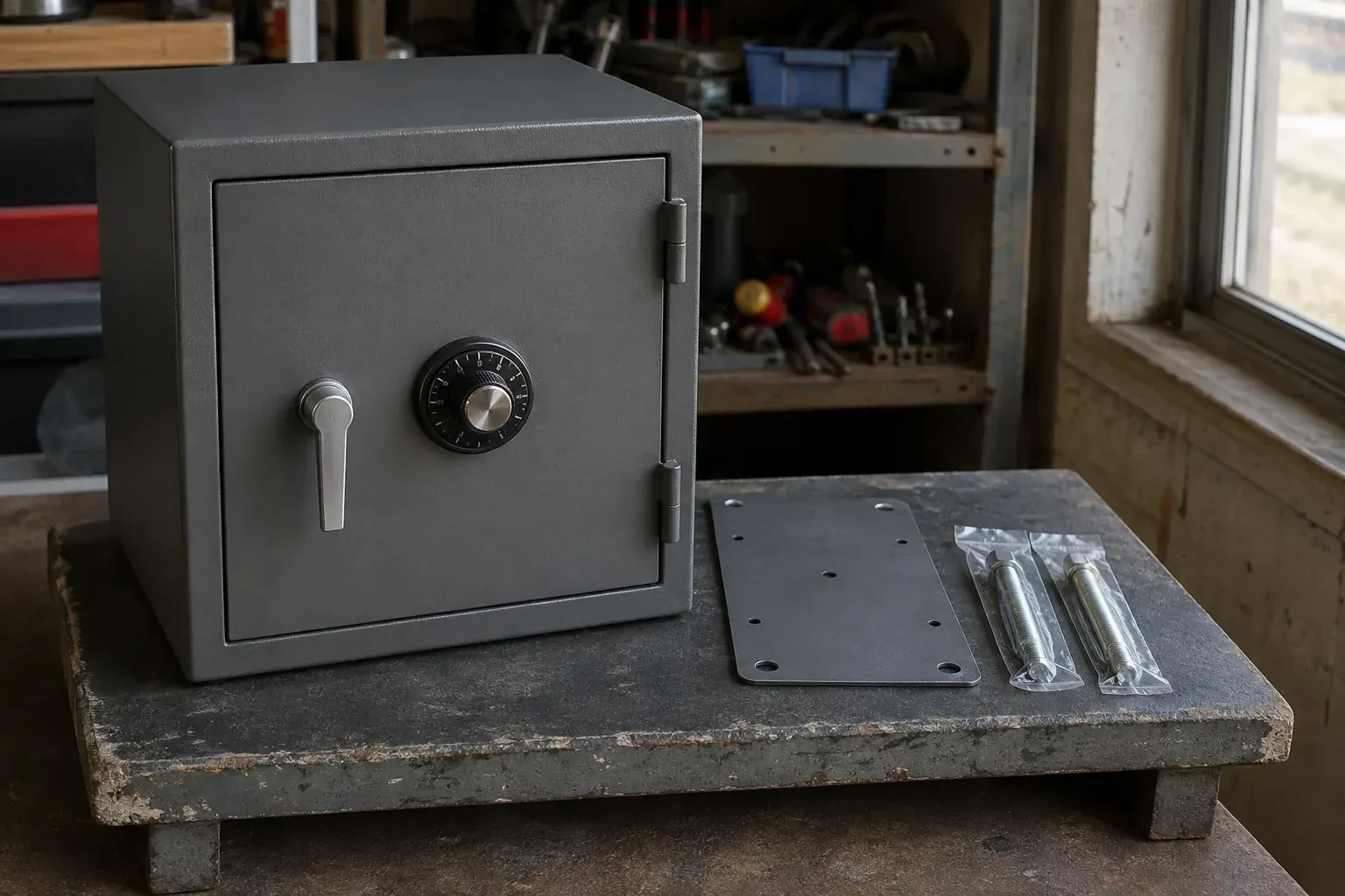 Closed small safe beside a metal plate and packaged fasteners on a workshop bench. — Safe Installation & Servicing, Markham