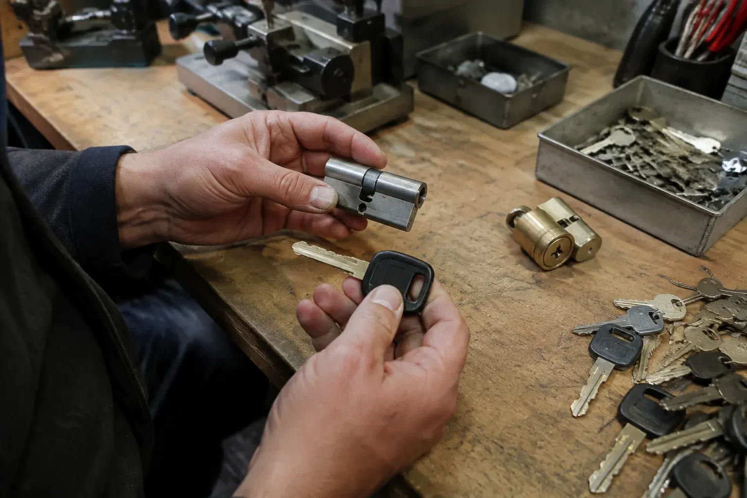 Hands holding a silver-colored lock cylinder and a black-headed key above a workbench with loose keys and another cylinder. — Spare Car Key Duplication, Markham