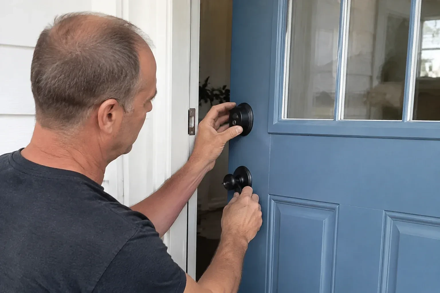 Person holding the black deadbolt and doorknob of a partly open blue front door. — Deadbolt Installation, Markham