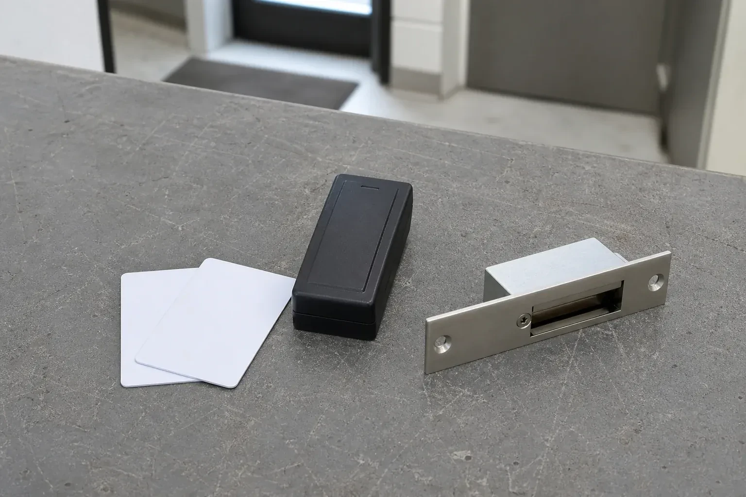 Detached card reader, two plain cards and an electric-strike component on a service bench. — Access Control Installation, Markham