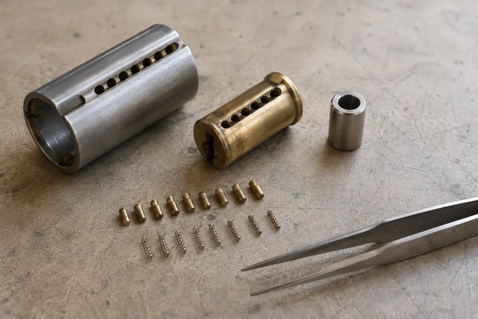 Disassembled brass and steel lock cylinder parts laid on a gray metal surface with small brass pins, springs and tweezers.