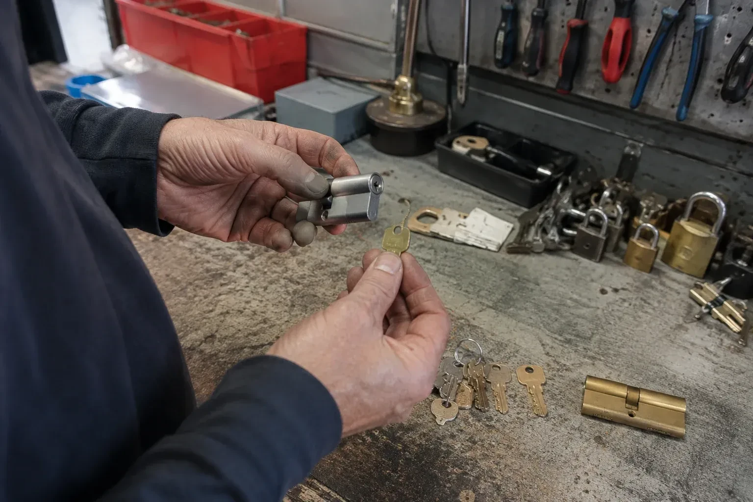 Hands holding a silver-colored lock cylinder and a brass-colored key above a workbench with padlocks, keys and tools. — Master Key System Design, Markham