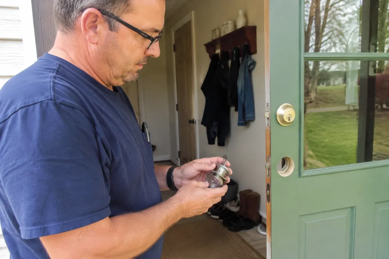 Person holding a cylindrical door-lock assembly beside an open green glazed door with its lower lock opening exposed. — Seized & Jammed Lock Opening, Markham