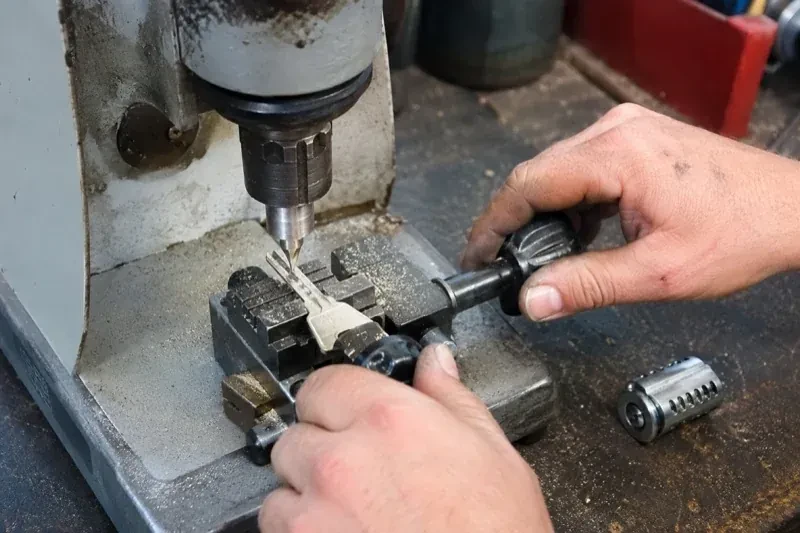 Hands operating a bench-mounted machine with a key clamped beneath a vertical cutter and a loose lock cylinder nearby. — Car Key Replacement, Markham
