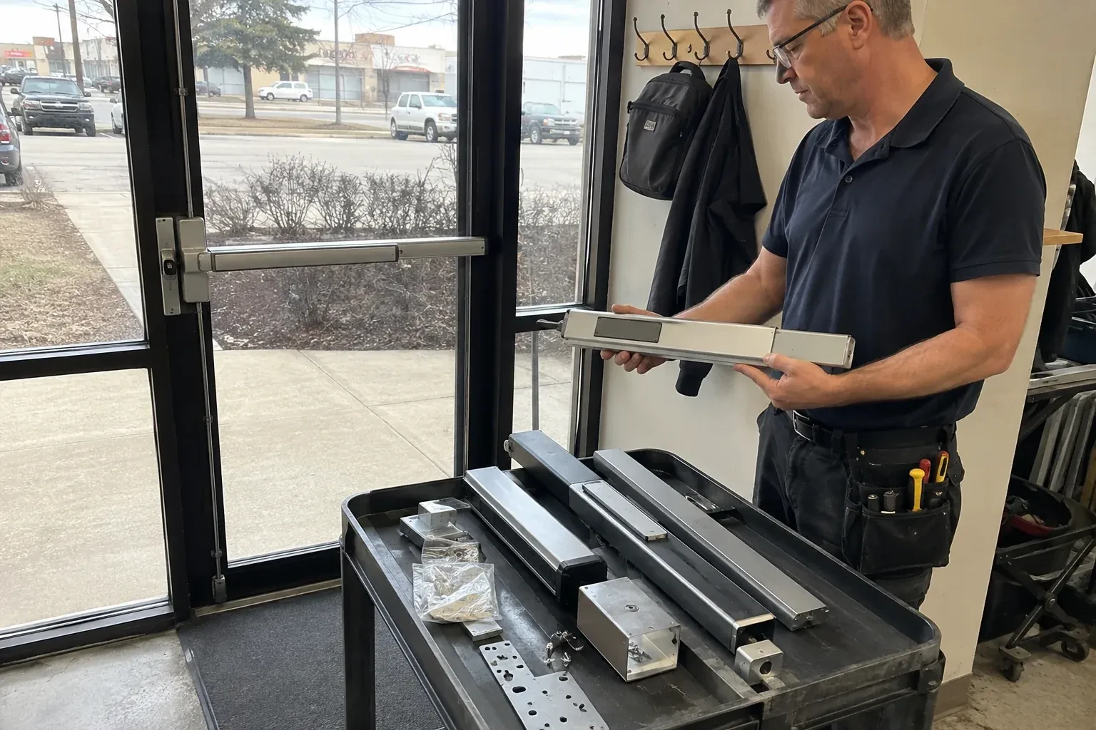 Person holding a long metal door-hardware assembly beside a cart of similar parts and a glass door fitted with a push bar. — Panic & Exit Hardware, Markham