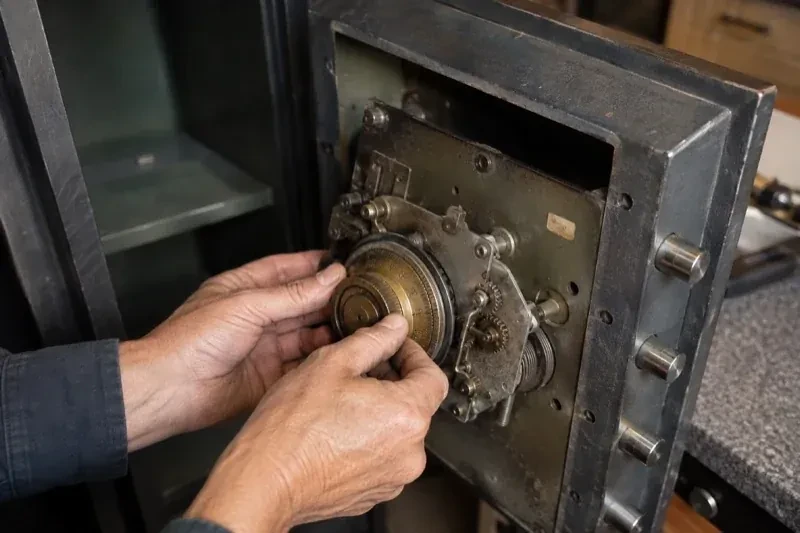 Hands holding a round metal component against the exposed mechanism inside an open safe door. — Safe Opening & Combination Change, Markham