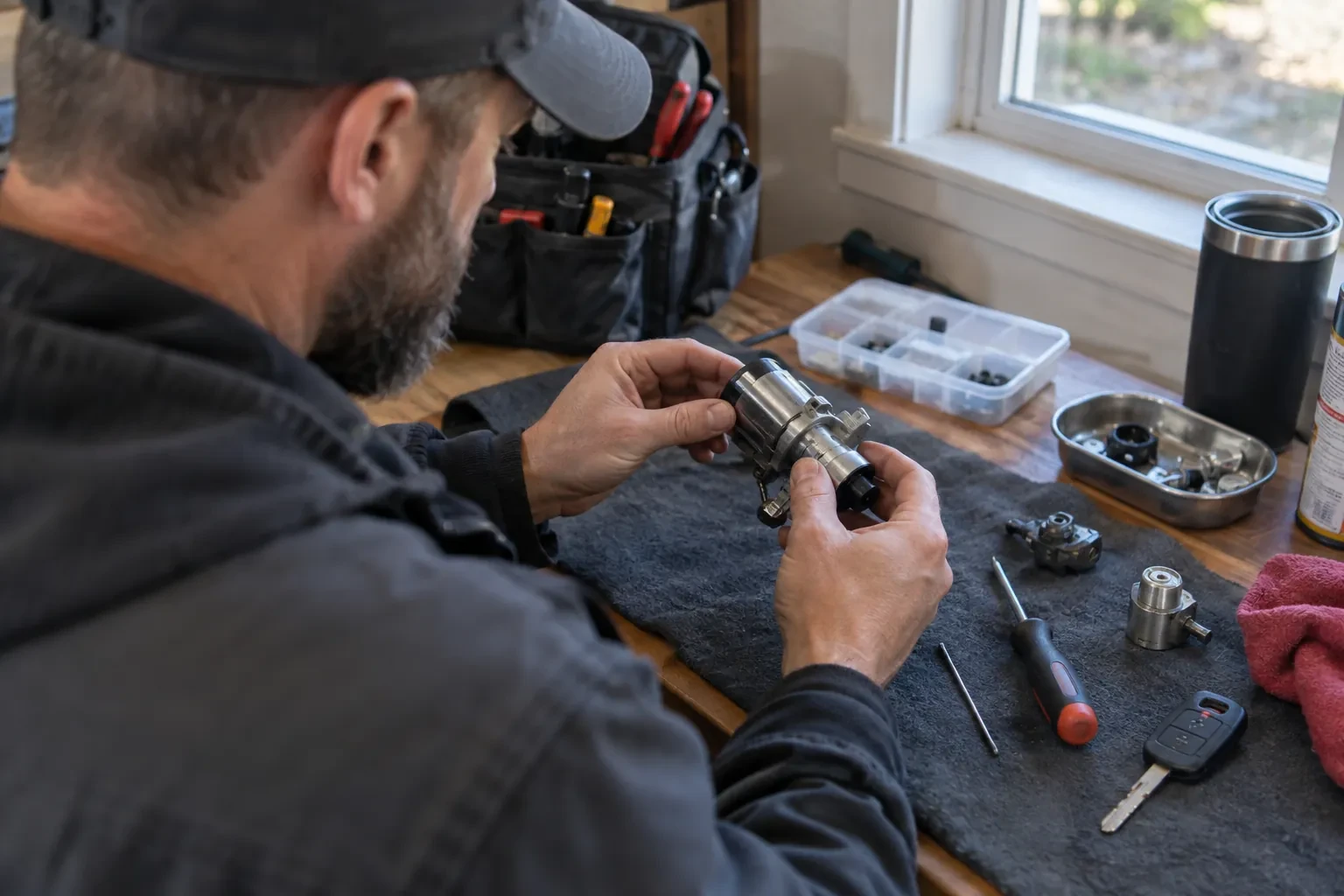 Technician examining a steel cylindrical lock part above a dark mat with a screwdriver, a key fob and loose parts.