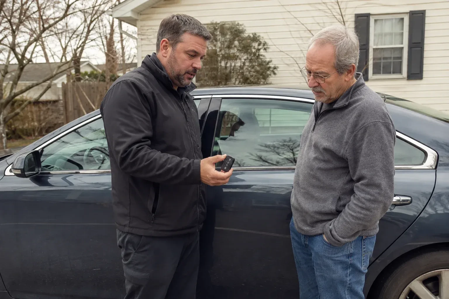 Two people beside a dark sedan, one holding up a black key fob. — Car Lockout Service, Markham