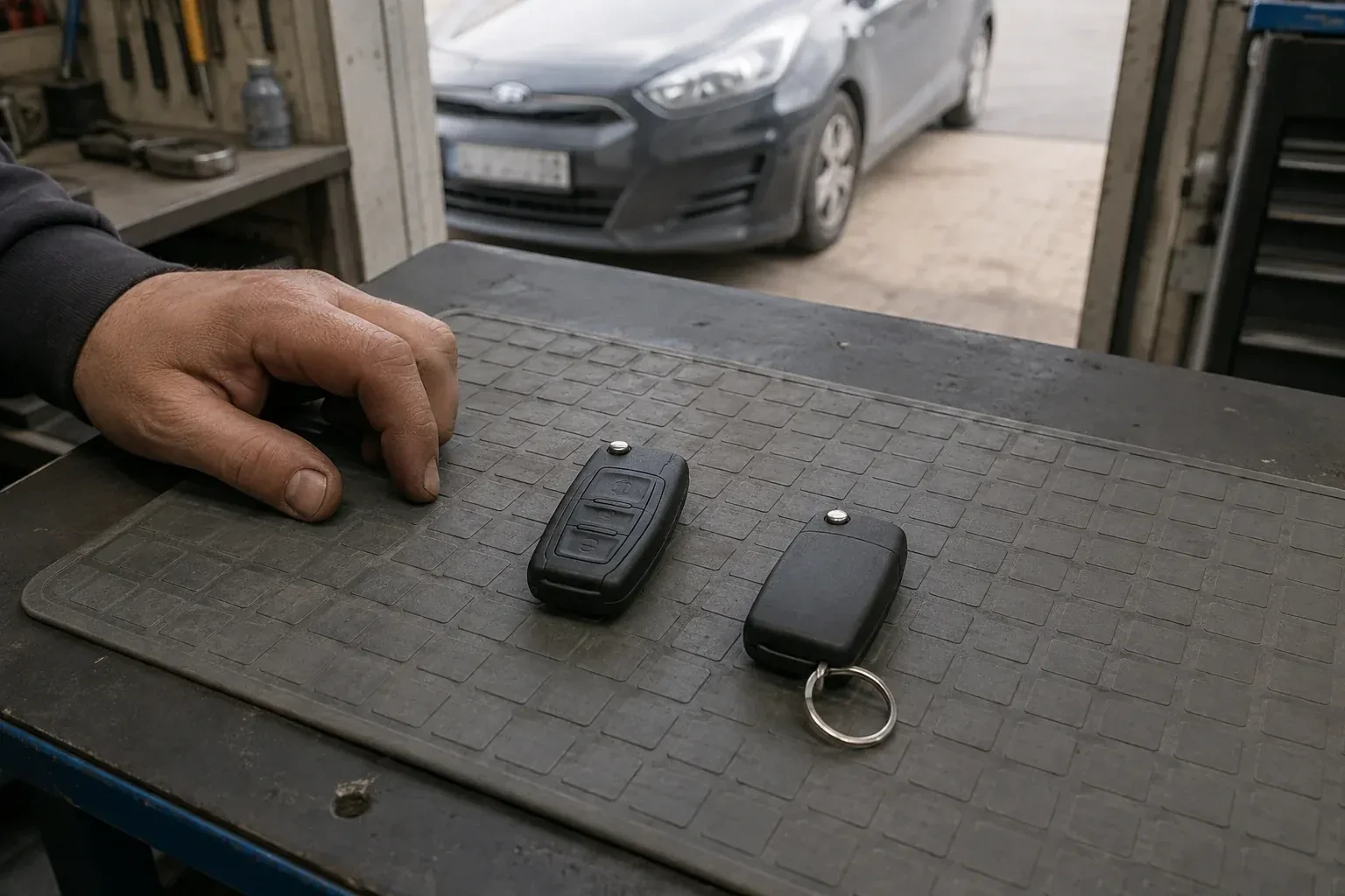 Two vehicle remote fobs on a work mat beside a technician’s hand, with a parked car beyond. — Key Fob Programming, Markham